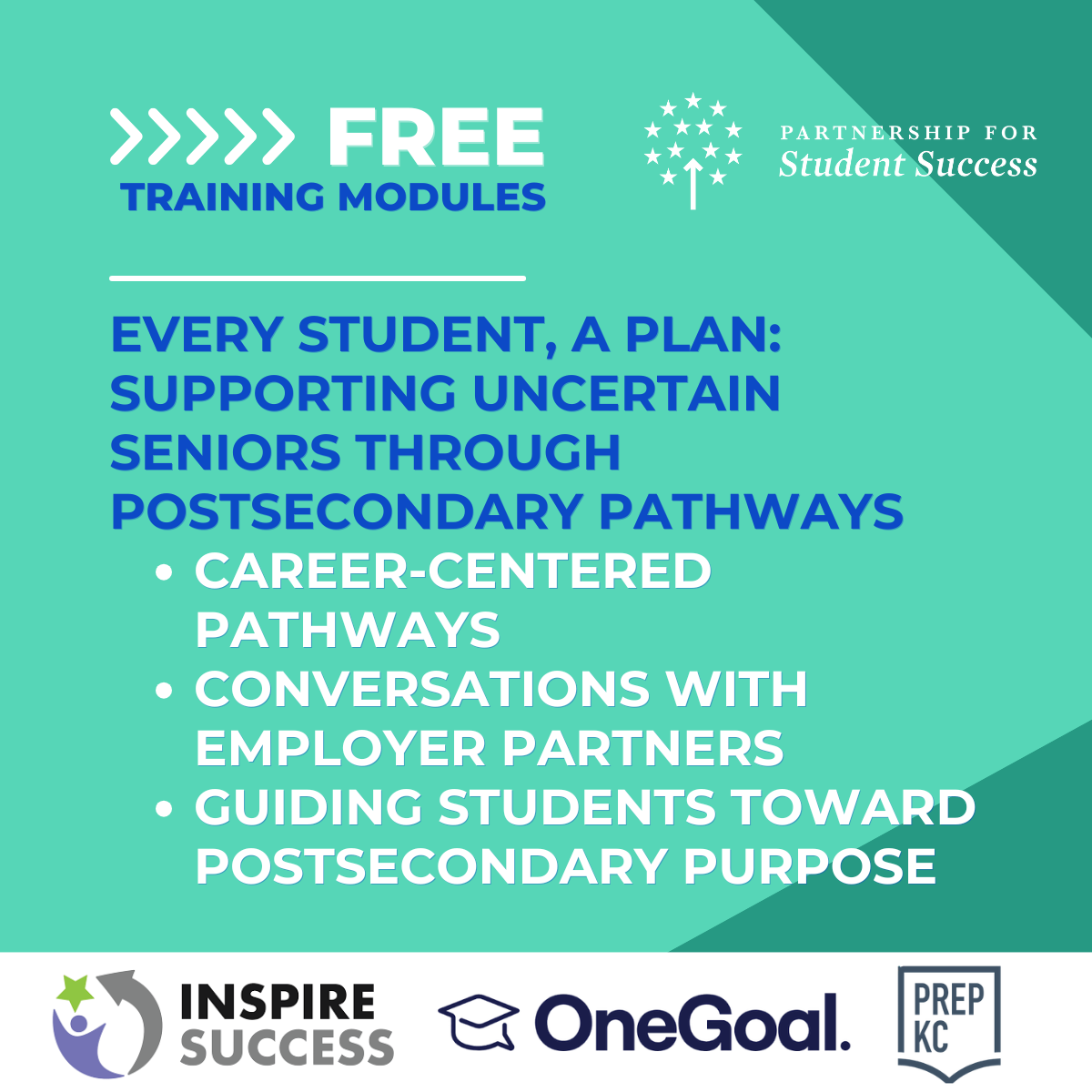 A teal graphic titled FREE TRAINING MODULES from the Partnership for Student Success. Large blue text reads EVERY STUDENT, A PLAN: SUPPORTING UNCERTAIN SENIORS THROUGH POSTSECONDARY PATHWAYS. Underneath are three topics listed in white text: CAREER-CENTERED PATHWAYS, CONVERSATIONS WITH EMPLOYER PARTNERS, and GUIDING STUDENTS TOWARD POSTSECONDARY PURPOSE. The bottom of the image features logos for INSPIRE SUCCESS, OneGoal, and PREP KC.