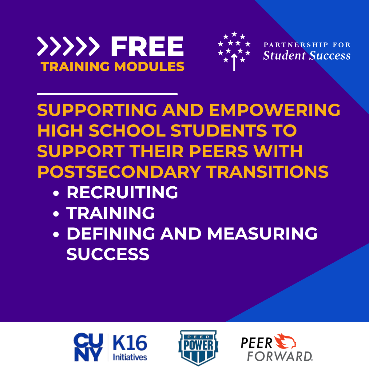 Educational graphic for Free Training Modules from the Partnership for Student Success on a purple and blue background. The main text in yellow reads Supporting and Empowering High School Students to Support Their Peers with Postsecondary Transitions. Below the title, three focus areas are listed as Recruiting, Training, and Defining and Measuring Success. The top right features the Partnership for Student Success logo, while the bottom white banner displays logos for CUNY K16 Initiatives, Peer Power, and Peer Forward.
