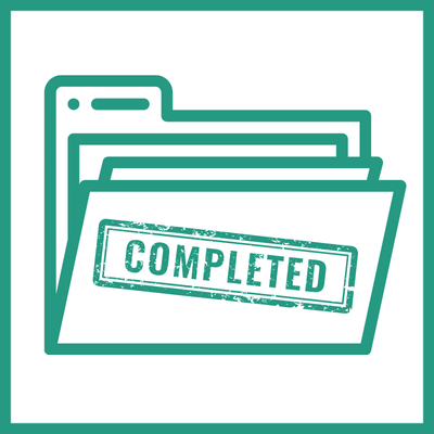 Dark green line illustration of an application document stamped COMPLETED