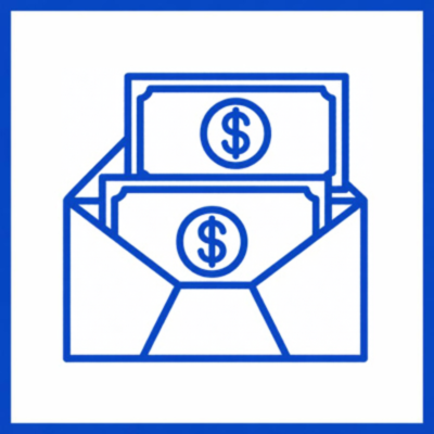Dark blue line illustration of an open envelope containing dollar sign icons representing the award period