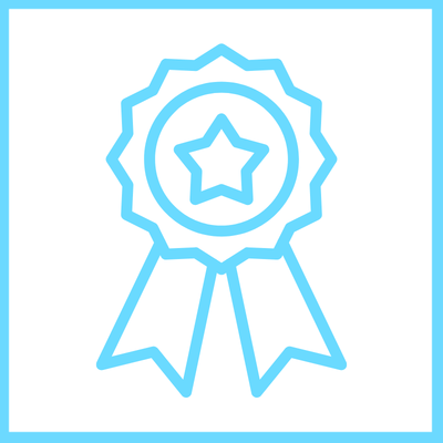 Light blue line illustration of an award ribbon medal with a star in the center